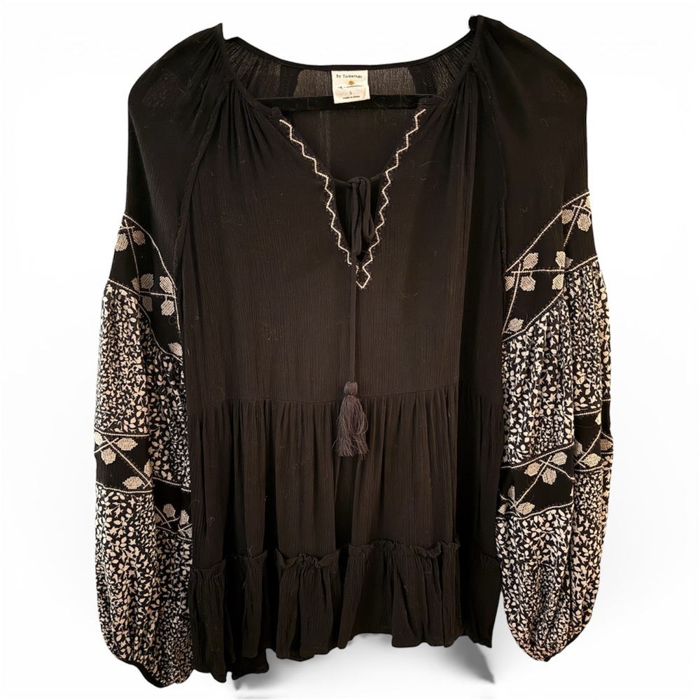 By Together Black Boho Blouse with Patterned Sleeves